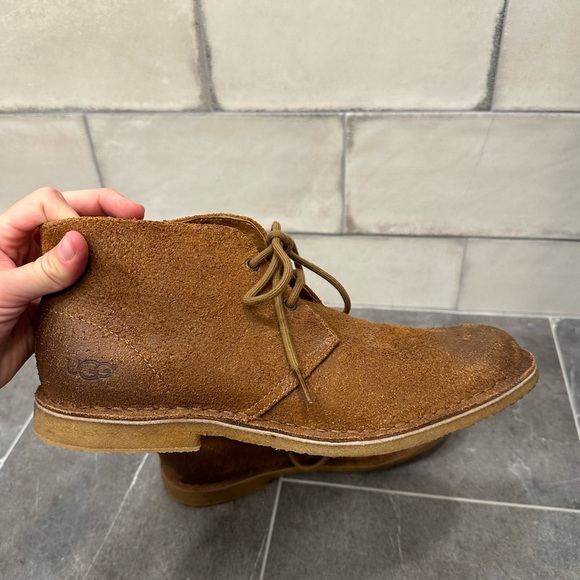 UGG suede brown leather chukka boot short lace up sheepskin shearling winter tan - Picture 9 of 11